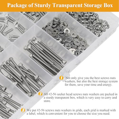 254 Pieces #2-56 x 3/16", 1/4", 5/16", 3/8", 1/2", 5/8", 3/4", 1", Hex Socket Head Cap Screws Nuts Washers Assortment Kit - size: #2-56, style: Socket Head