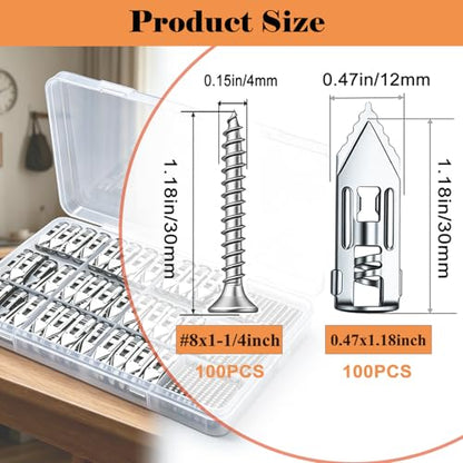 200 Pcs Self Drilling Drywall Anchors with Screws,100 Sheetrock Anchors (0.47x1.18 Inch) &100 Zinc Expansion Screws,Upgraded Zinc Plated Steel,No Drill Needed,Perfect for Wall Hanging(Sliver） - color: 200PCS-0.47x1.18 inch-Silver
