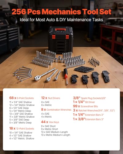 VEVOR Mechanics Tool Set, 256-Piece Mechanic Tool Kit, 1/4 in, 3/8 in, and 1/2 in Drive, SAE and Metric Socket Set, Wrenches, Screwdriver Bits, Accessories, and Storage Case, for Automotive Repair - size: 256-PCS