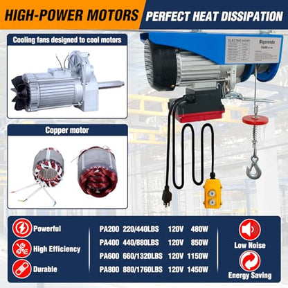 440lb Electric Hoist with Remote Control/Wired Control, Electric Hoist 2 in 1, 110v Electric Hoist with Single/Double Slings,65.6/33ft Lifting Height, for Factory Attic Garage Warehouse - color: Deep blue