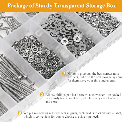 705 Pieces M2 Machine Screws Nuts Washers Set, Sutemribor M2 x 4/6/8/10/12/16/20mm Phillips Pan Head Machine Screws Nuts Washers Assortment Kit, 304 Stainless Steel, Fully Threaded - size: M2 Screws Kit, style: Phillips Pan Head