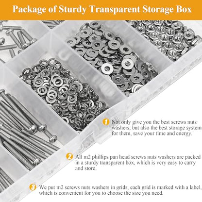 705 Pieces M2 Machine Screws Nuts Washers Set, Sutemribor M2 x 4/6/8/10/12/16/20mm Phillips Pan Head Machine Screws Nuts Washers Assortment Kit, 304 Stainless Steel, Fully Threaded - size: M2 Screws Kit, style: Phillips Pan Head