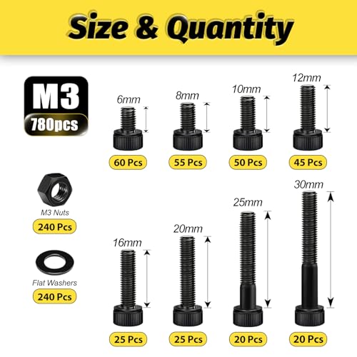 780PCS M3 Hex Socket Screw Assortment Kit,M3x6/8/10/12/16/20/25/30 mm - size: M3 780Pcs