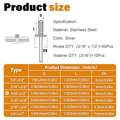 60pcs 3/16" x 1/2" Stainless Steel Pop Rivets with Stainless Steel Washers 4.8 x 12.7mm Blind Rivet Assortment Kit - size: 3/16*1/2
