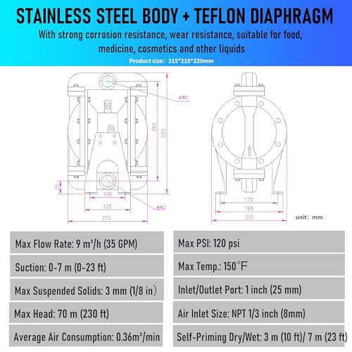 Air Operated Double Diaphragm Pump 1 inch Inlet/Outlet Pneumatic Waste Oil Transfer Pump for Chemical DN25 35GPM Dual Diaphram Teflon by Aluminum alloy 115 PSI (QBY4-25 SS+PTFE 35GPM)