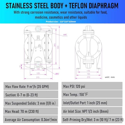 Air Operated Double Diaphragm Pump 1 inch Inlet/Outlet Pneumatic Waste Oil Transfer Pump for Chemical DN25 35GPM Dual Diaphram Teflon by Aluminum alloy 115 PSI (QBY4-25 SS+PTFE 35GPM)