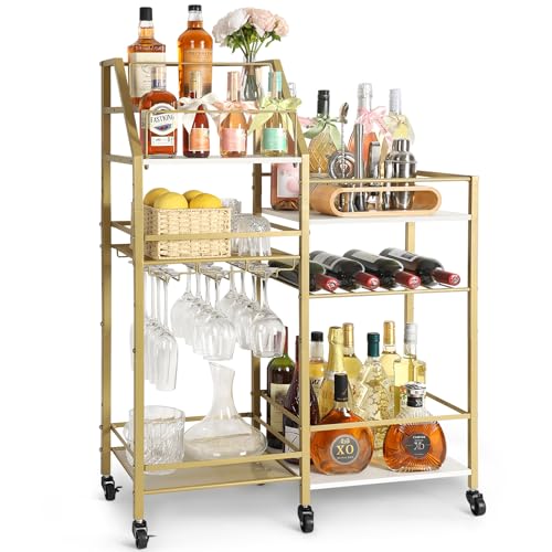 VINAEMO Gold Bar Cart With Wine Glass Holder, Stand for Home, Small Mini Bar for Whiskey Wine, Liquor Cart, Alcohol Cabinet for Kitchen, Dining Room - color: Gold & White
