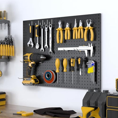 Spampur Peg Board, 4 Pack Metal Black Pegboard Panels with 50 Hooks - color: Black, size: 16x12"- 4 Pcs