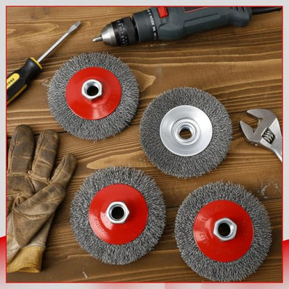 Bokon 4 Pack 4 Inch Coarse Crimped Wire Wheel for 4 1/2 Angle Grinder with 5/8 Inch-11 Threaded Arbor - 0.014 Inch Carbon Steel Wire for Rust, Corrosion, Paint Removal