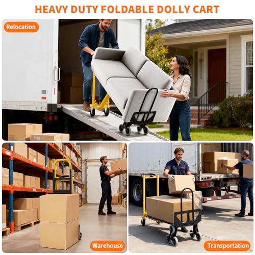 3-in-1 Heavy Duty Convertible Hand Truck, 800 Lbs Capacity Dolly Cart, Aluminum Dolly Hand Truck with Stair Climber Wheels, Stair Climbing Cart for Warehouse Transport & Moving(Yellow+Black)