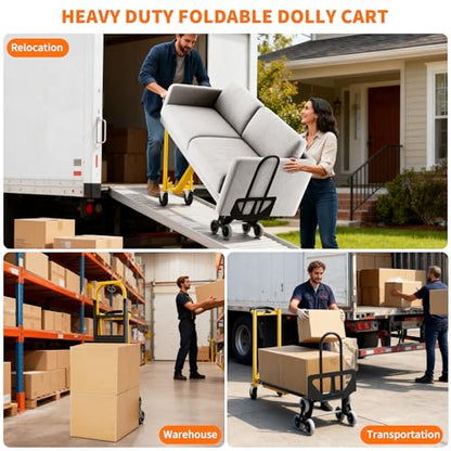 3-in-1 Heavy Duty Convertible Hand Truck, 800 Lbs Capacity Dolly Cart, Aluminum Dolly Hand Truck with Stair Climber Wheels, Stair Climbing Cart for Warehouse Transport & Moving(Yellow+Black)