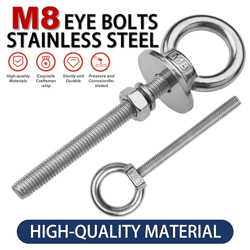 4 Pack M8 Stainless Steel Eye Bolts with Nuts,5/16" x 3" Eye Bolts - size: M8x77mm (5/16"x3")
