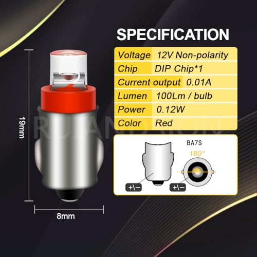 Ruiandsion BA7S 12V LED Bulb for Auto Cluster Warning Light – Red - color: Red