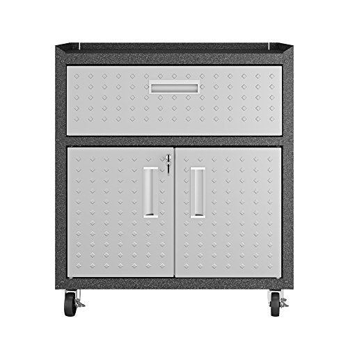 Manhattan Comfort Fortress Textured Metal 31.5" Garage Mobile Cabinet with 1 Full Extension Drawer and 2 Adjustable Shelves, Black/Gray - color: Black/Grey, style: Storage Cabinet