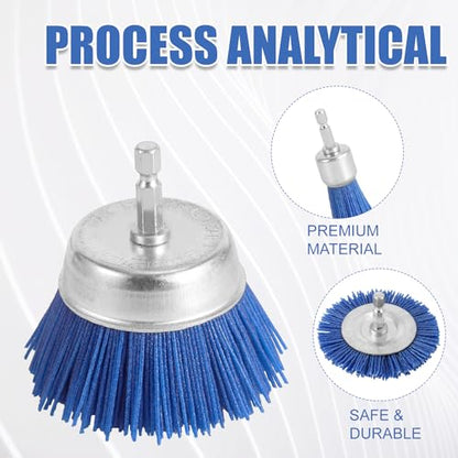 NQEUEPN 9pcs Nylon Wire Wheel & Cup Brush Set for Drill, 3 Sizes Abrasive Brush with 1/4in Hex Shank for Cleaning Sanding Drill Scrub Brush Attachment Remove Paint 80/100/240 Grit, Blue