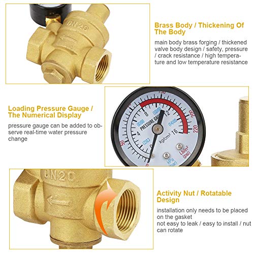 Water Pressure Regulator, Adjustable Brass Valve with Flow Meter Pressure Reducing Valve 3/4 Inch DN20 Thread for Homeowners Plumbers Residential Commercial Water Systems