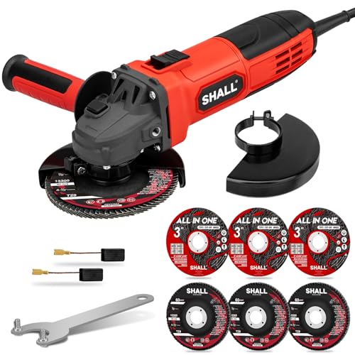 SHALL 4-1/2 Inch 11000 RPM Angle Grinder 4Amp with 2 Guards, 3 Cutting Discs, 3 Grinding Wheel, Non-Slip Handle, Wrench and Carbon Brush for Metal and Wood