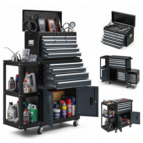 13‑Drawer Rolling Tool Chest with Double Door & Side Storage Shelf, 2‑in‑1 Detachable Lockable Metal Tool Cabinet with Wheels, Large Capacity Tool Box for Garage, Gift for Men Dad Husband-Black&Gray - color: Black&gray