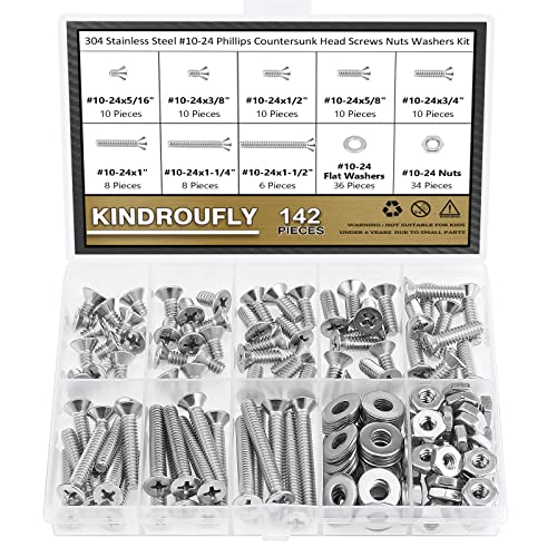 142 Pieces #10-24x 5/16", 3/8", 1/2", 5/8", 3/4", 1", 1-1/4", 1-1/2", Phillips Countersunk Head Machine Screws Nuts Washers Assortment Kit, 304 Stainless Steel, Fully Machine Thread - size: #10-24