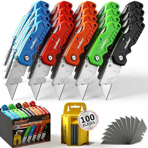 HORUSDY 20-Pack Folding Utility Knife Set, Heavy-Duty Box Cutters with 100 Extra Razor Blades, Quick-Change Foldable Knives for Drywall, Carpet, Boxes, Color-Coded Handles for Jobsite & Home Use - style: 20PCS+100 Blades