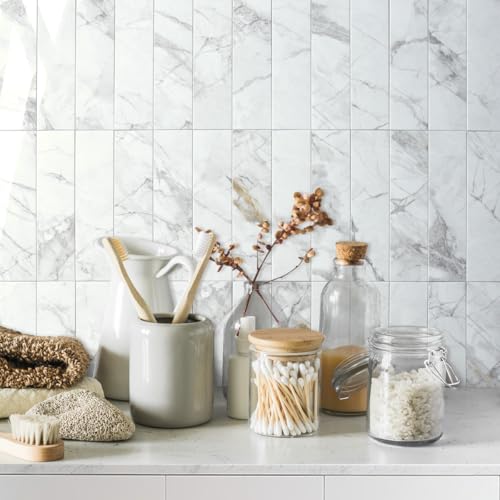 AULIGET 40-Piece Polished White Marble Peel and Stick Backsplash Wall Tiles, 3" x 12" PVC Faux Stone Stick on Tiles for Backsplash Kitchen, Bathroom, Laundry Room, Camper, Fireplace - color: Polished White Marble, size: 40 Pieces, 3"x12"x0.12"