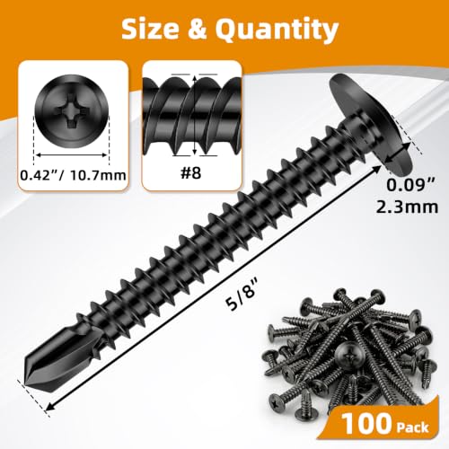 Mellewell #8 x 5/8" Wafer Head Self Drilling Screws Wood Screws, Truss Head Fast Self Tapping Sheet Metal Screws, Black Finish, 410 Stainless Steel, 100 PCS - color: Black, size: #8 x 5/8"
