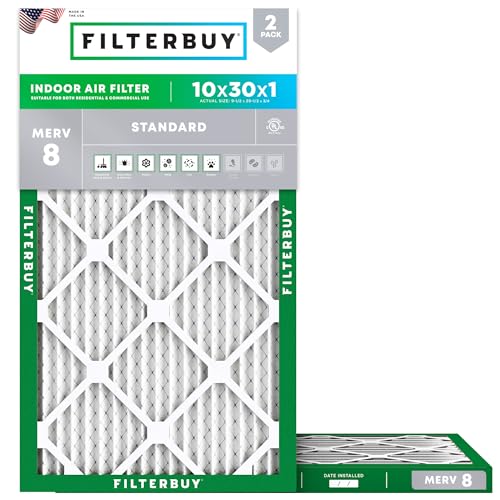 Filterbuy 10x30x1 Air Filter MERV 8 Dust & Allergy Defense (2-Pack) - size: 10x30x1