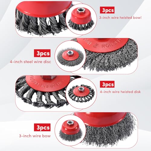 12 Pack Wire Wheel for Angle Grinder, 4-1/2" Heavy Duty Carbon Steel Knotted Wire Brush, 5/8"-11 Arbor, Rapid Rust Removal & Polishing, Angle Grinder Wheel Brush Combo Set