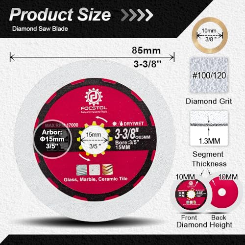 FOCSTOL Diamond Glass Cutting Disc - 3pcs 3-3/8 Inch(85mm) Diamond Saw Blade for Glass Jade Crystal Wine Bottle for Angle Grinder - size: 3-3/8''(85mm)