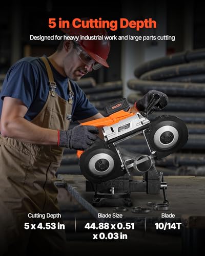 VEVOR 20V Portable Band Saw Kit, 5 Inches Deep Cut, AC 110V, 360W Bandsaw with Brushless Motor, 4.0 Ah Battery, Cordless and Compact Portaband, 0-120 m/min Variable Speed, for Cutting Metal, Wood - style: 5inch Kit with Battery