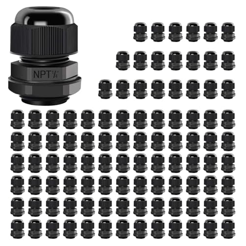 LeMotech 100 Pack NPT 1/4" Cable Glands Waterproof Adjustable 4-8mm Cable Connectors Black Nylon Joints with Gaskets - color: Black, size: 1/4inch 100-pack