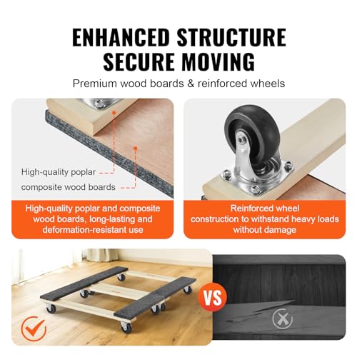 VEVOR Hardwood Furniture Moving Dolly, 30 in. x 18 in. 4 x 3 PP Swivel Casters, Heavy Duty Wooden Mover Dollies, Moving Cart with Wheels for Heavy Furniture, 1000 lbs. Capacity, Two Pack - size: 30 in. x 18 in