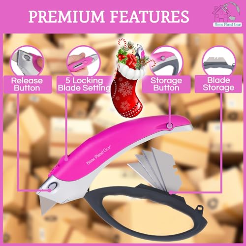 Pink Box Cutter Retractable Utility Knife - Two Pack Heavy Duty Cardboard Carton Cutter Opener Retracting - with 5 Sharp Utility Razors - color: Pink 2 Pack