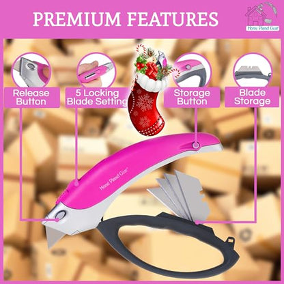 Pink Box Cutter Retractable Utility Knife - Two Pack Heavy Duty Cardboard Carton Cutter Opener Retracting - with 5 Sharp Utility Razors - color: Pink 2 Pack