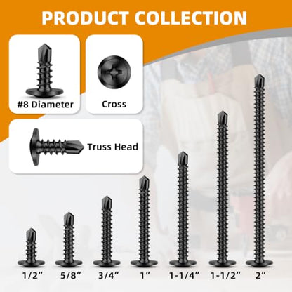 Mellewell #8 x 1/2" Wafer Head Self Drilling Screws Wood Screws, Truss Head Fast Self Tapping Sheet Metal Screws, Black Finish, 410 Stainless Steel, 100 PCS - color: Black, size: #8 x 1/2"
