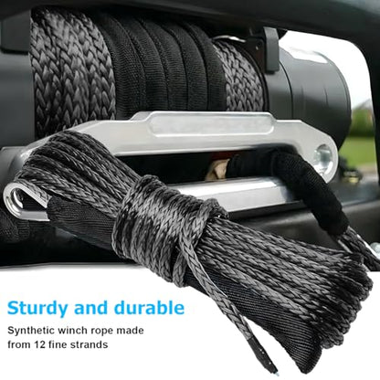 1/4'' x 50 Ft Car Synthetic Winch Rope Kit, 10000LBS Heavy Duty Vehicle Winch Cable with Protecting Sleeve and Thimble, Automotive Accessories, Universal for Off Road ATV UTV (Black) - color: Black/1/4''x50Ft