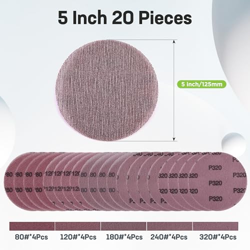 WORKPRO 20-Piece Sanding Discs - 5-Inch Hook and Loop Sanding Disc for Dust-Free Sanding, Tear-Resistant Nylon, 80/120/180/240/320 Grits for Orbital Sanders