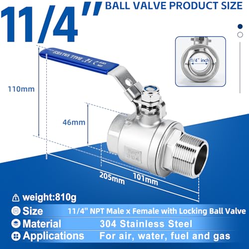 2 Pack 1.25" Full Port Ball Valve NPT Male x Female 304 Stainless Steel Heavy Duty 1000 WOG Shut Off Valve with Locking Device (1-1/4 Inch) - size: 1-1/4 Inch