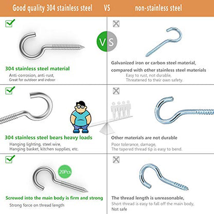 Pack of 20 Metal Eye Screws, 304 Stainless Steel Hooks, Self-Tapping Eye Ring Bolt, Strong Indoor (2-3/4") - size: 2-3/4"X20PCS