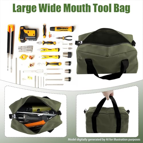 Small Tool Bag, Close Top Wide Mouth Tool Organizer Bag, Large Tool Bags - color: Army Green, size: 16 Inch