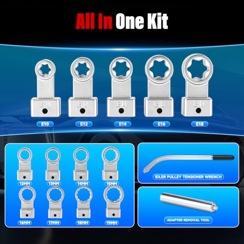 8MILELAKE 15PCS Auxiliary Idler Belt Tensioner Pulley Removal Tool Kit, Universal Serpentine Timing Belt Wrench Set with Adapters, 12-Point 12-19mm (0.47"-0.74") Engine Timing Belt Tension Wrench Set