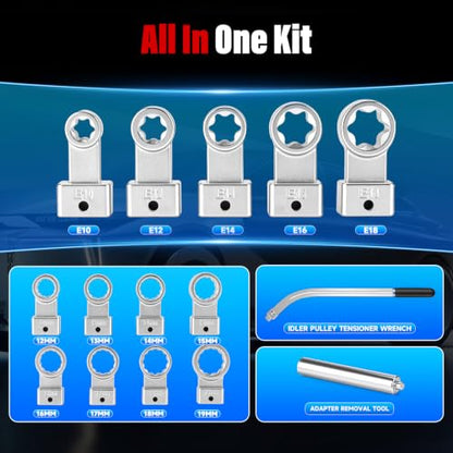 8MILELAKE 15PCS Auxiliary Idler Belt Tensioner Pulley Removal Tool Kit, Universal Serpentine Timing Belt Wrench Set with Adapters, 12-Point 12-19mm (0.47"-0.74") Engine Timing Belt Tension Wrench Set