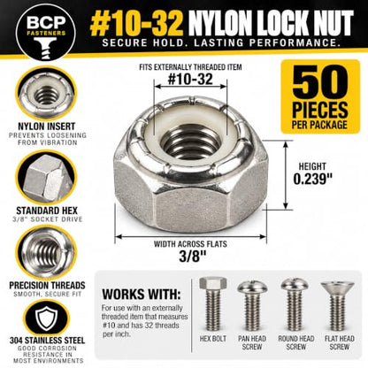 BCP Fasteners #10-32 Stainless Steel Nylon Insert Hex Lock Nuts, 50 Pack - size: #10-32 (50)