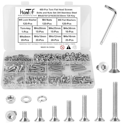 480Pcs M4 Torx Bolts and Nuts Set, Countersunk Head Torx Screws Bolts, Flat Head Machine Screws, Security Anti-Theft Screw, 304 Stainless Steel, Full Thread Pitch : 0.7 mm, with T20 Wrench. - color: Stainless Steel, size: M4 Torx Flat Kit