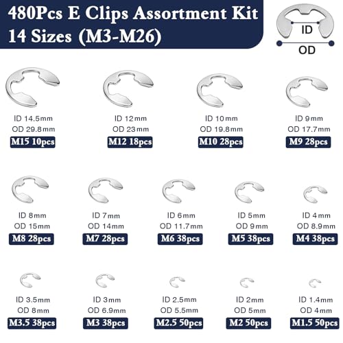 ZQZ E Clips Assortment Kit (M1.5-M15), 480 Pcs External Retaining Rings Set - color: Silver, size: Stainless Steel 480pcs E-clips