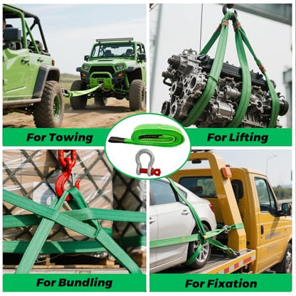 HENBOW Heavy Duty Flat Lift Sling with D Ring Shackle,8'X2 Lift Sling Straps 4400 lbs Safety Load，Web Sling for Hoist Car Tree Saver Winch Recovery - size: 2 Inch × 8 FT