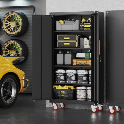 Metal Storage Cabinet with Wheels,71"H Garage Cabinets with 4 Adjustable Shelves + Lockable Door,Heavy-Duty Garage Cabinet and Storage System for Garage,Home Workshop & Office(200 lbs per shelf)