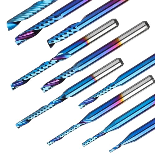 Genmitsu 1/8 Inch Shank 10pcs Carbide Spiral O Flute (Single Flute) End Mill CNC Router Bits, Solid Nano Blue Coat, for Woodworking Cutting Carving Wood Acrylic PVC PCB MDF, OS10A - style: O-Flute 10pcs