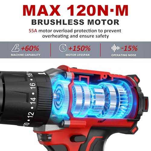 1060In·lbs 21V Brushless Cordless Power Hammer Drill Driver Set - color: Red