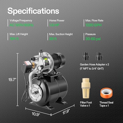 VIVOSUN 1.6 HP Shallow Well Pump with Pressure Tank, NSF Certified, 1320GPH - size: 22"×13"-1320